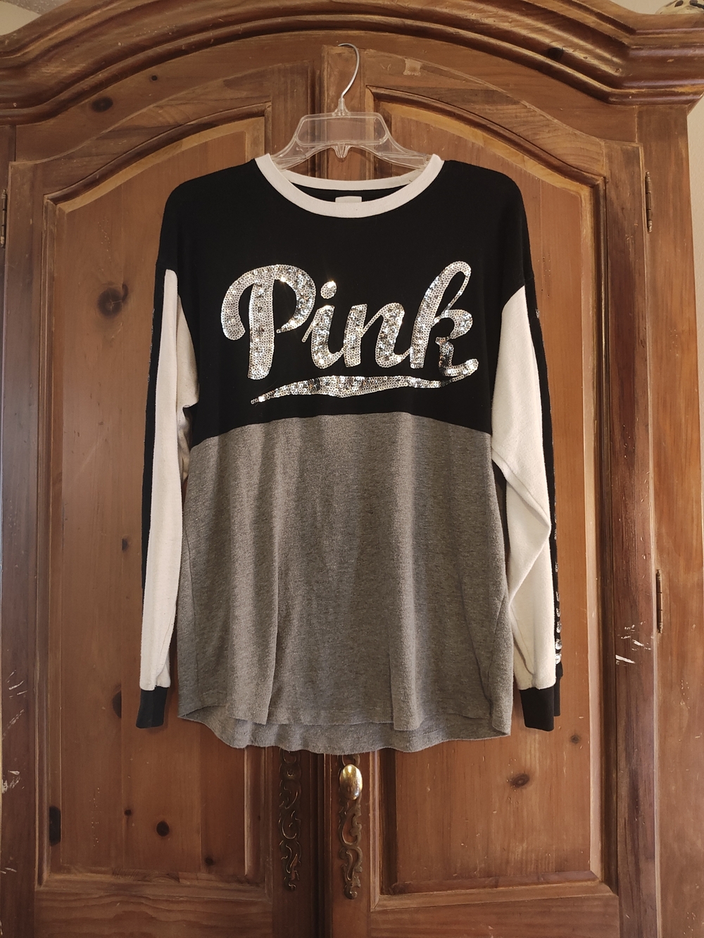 Victoria's PINK Sequin Logo Colorblock Long Sleeve Top
